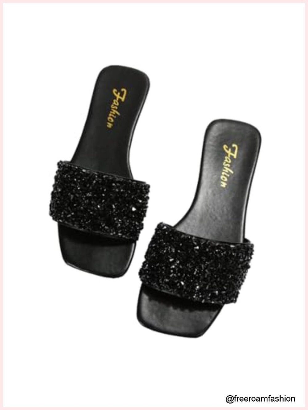 Rhinestone Sparkly PU Leather Slide Sandals Square Open Toe Flat
